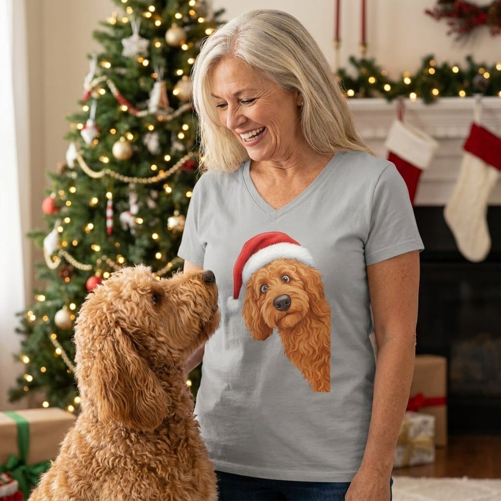Apricot Goldendoodle Holiday Santa V-Neck T-Shirt in by Puppy Jo