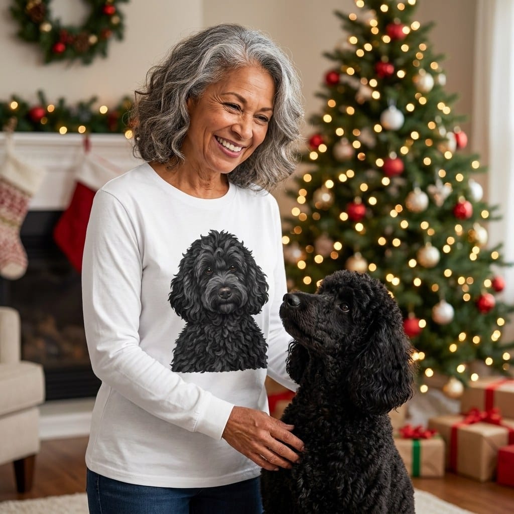 Black Goldendoodle Christmas Glam Long Sleeve T-Shirt in by Puppy Jo