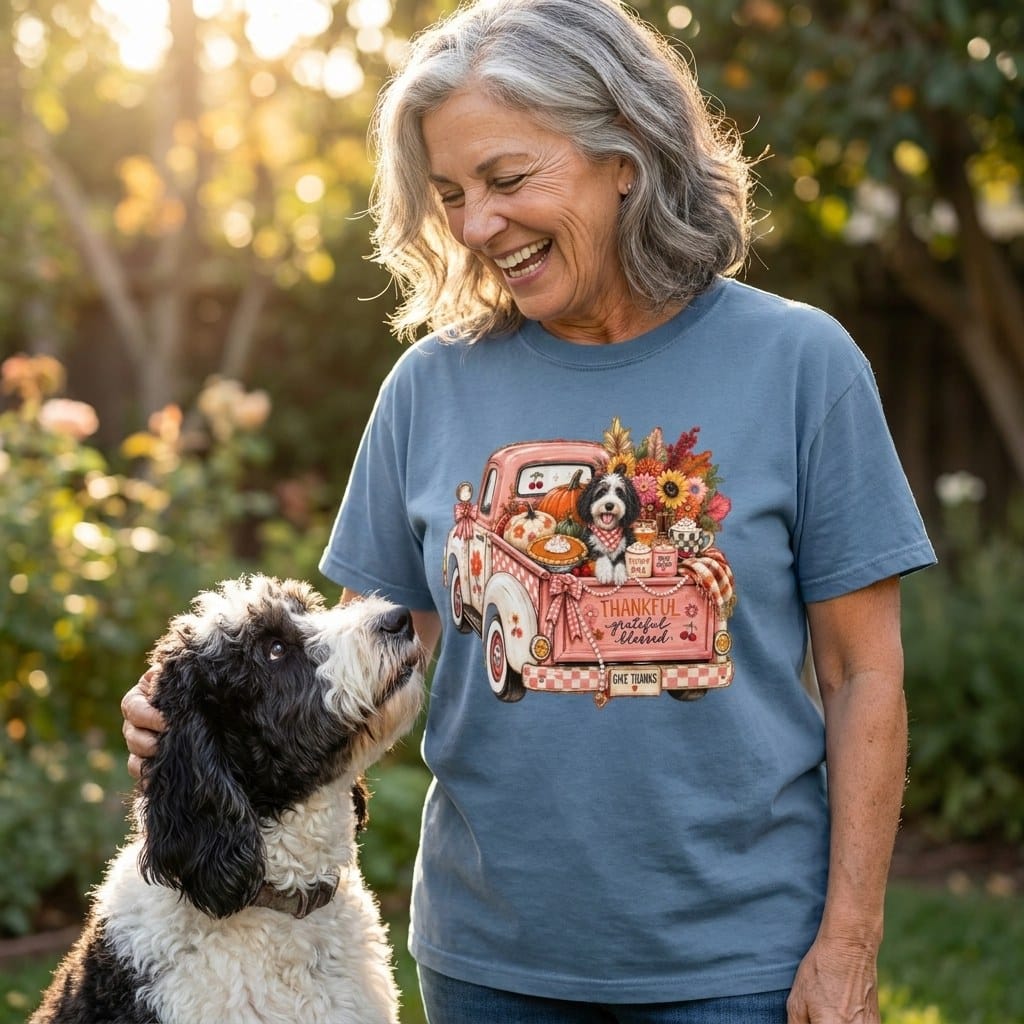 Sheepadoodle Fall Truck Signature T-Shirt in by Puppy Jo