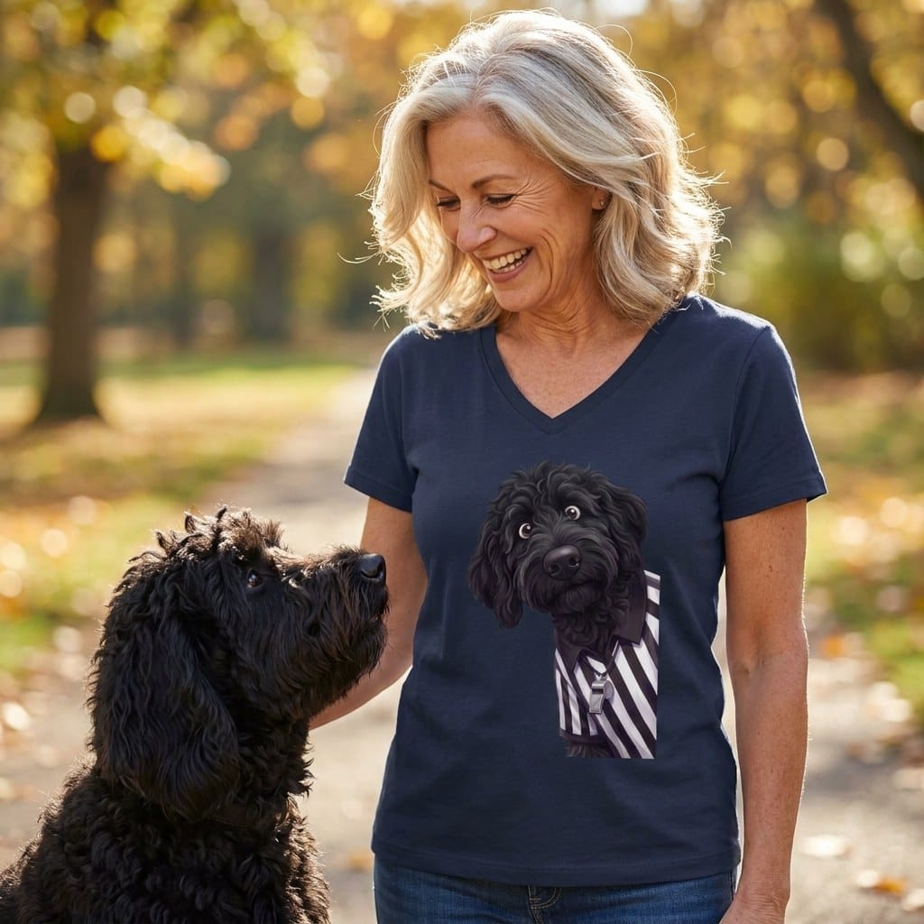 Black Goldendoodle Football Referee V-Neck T-Shirt in by Puppy Jo