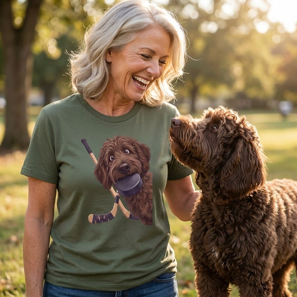 Chocolate Goldendoodle Hockey T-Shirt in by Puppy Jo