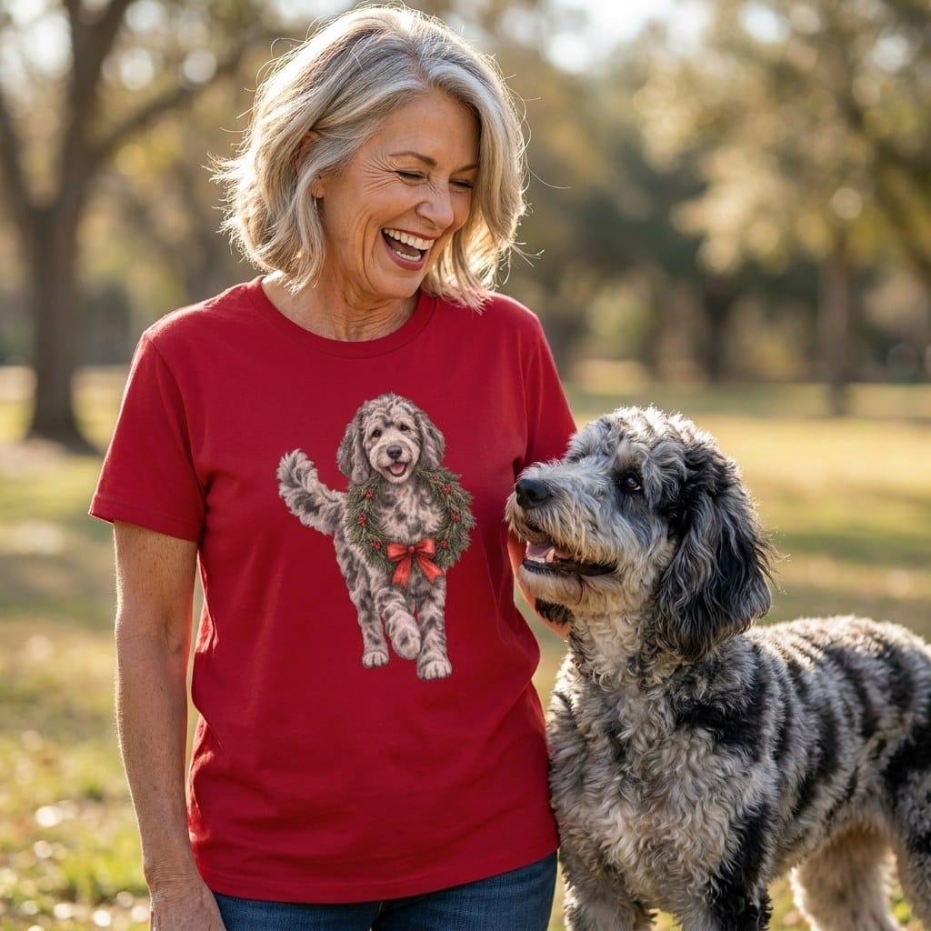 Merle Goldendoodle Wreath Signature T-Shirt in by Puppy Jo