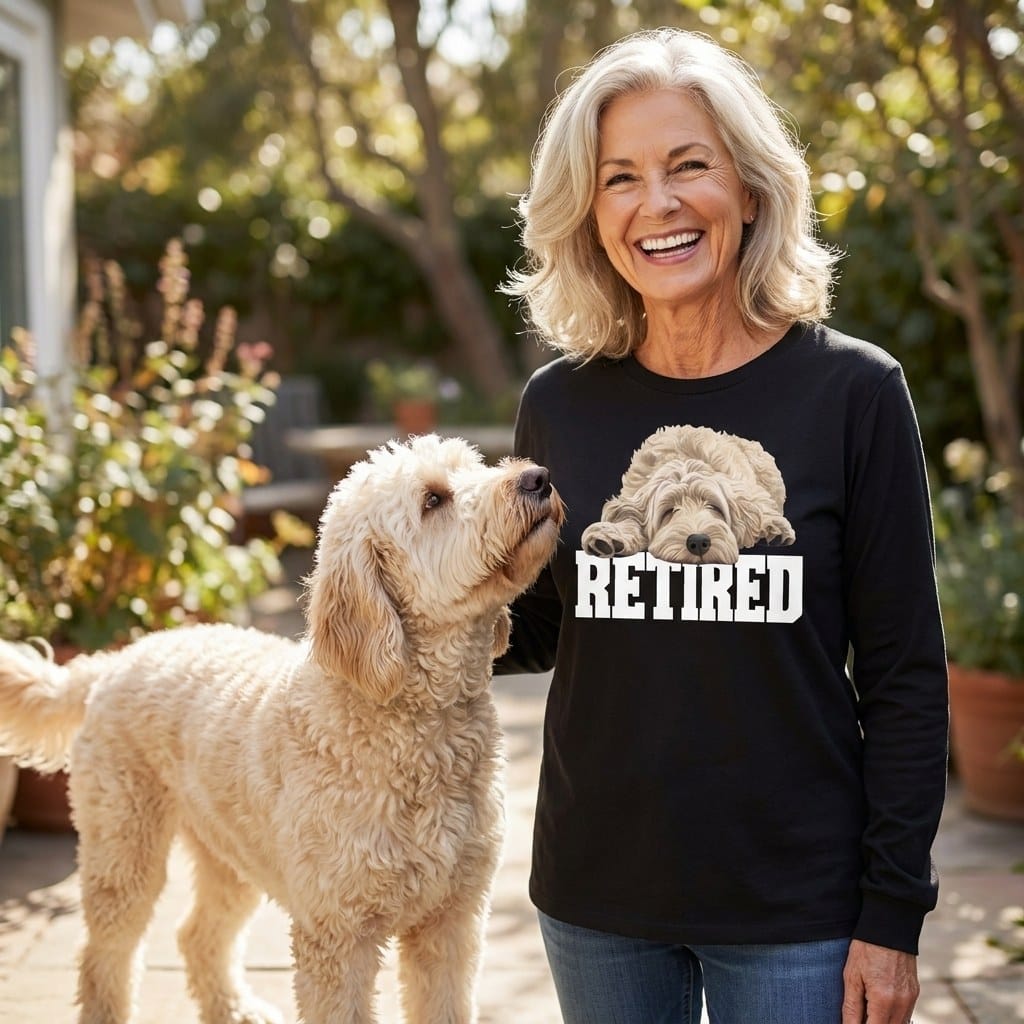 Retired Sleeping Cream Goldendoodle Long Sleeve T-Shirt in by Puppy Jo