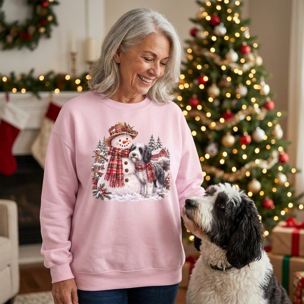 Sheepadoodle Christmas Snowman Sweatshirt in by Puppy Jo