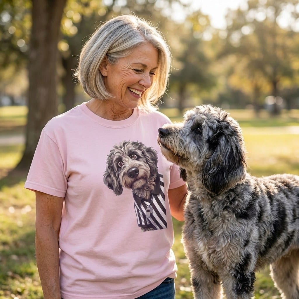 Merle Goldendoodle Football Referee Signature T-Shirt in by Puppy Jo