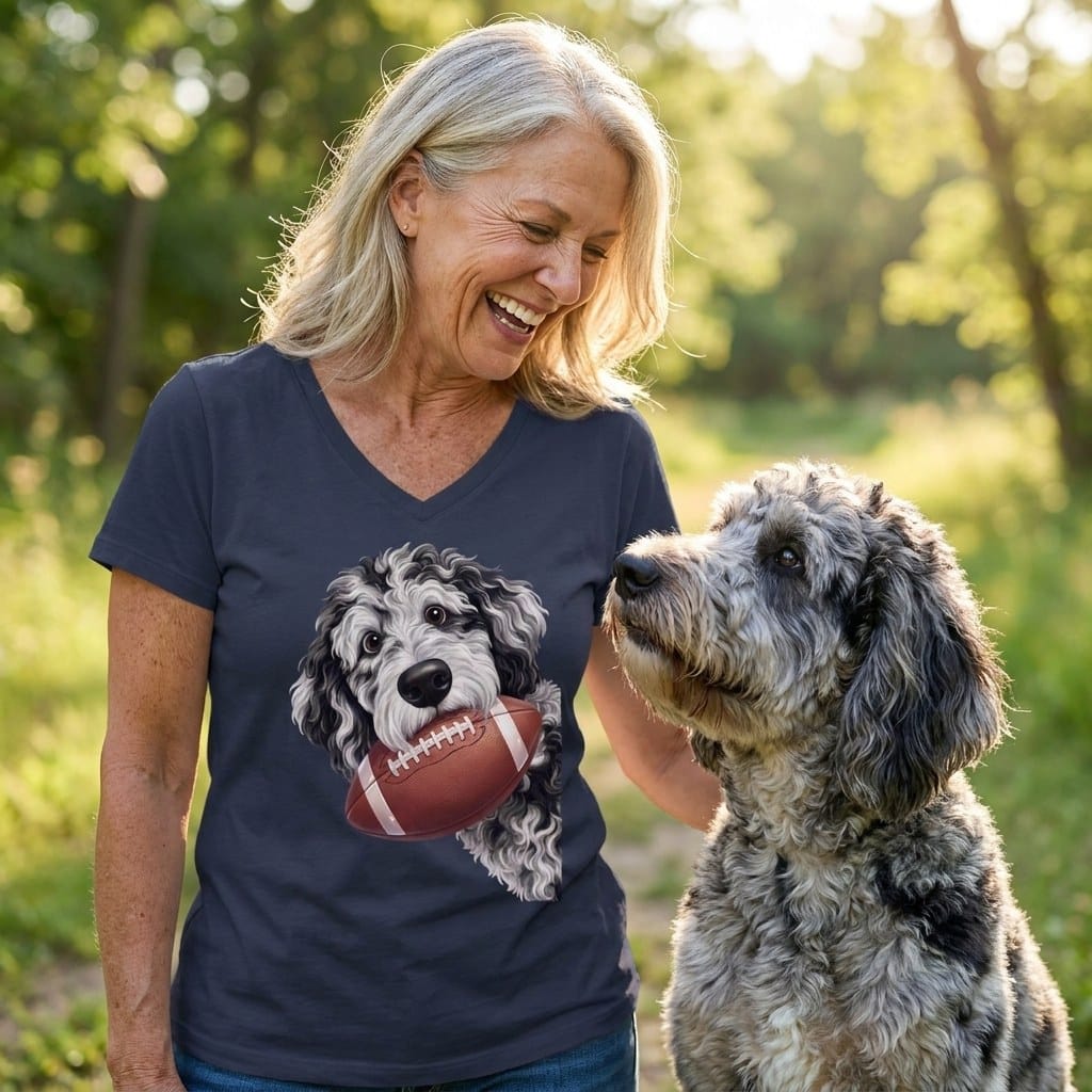 Merle Goldendoodle Football V-Neck T-Shirt in by Puppy Jo