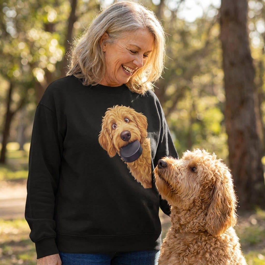 Golden Goldendoodle Hockey Puck Sweatshirt in by Puppy Jo