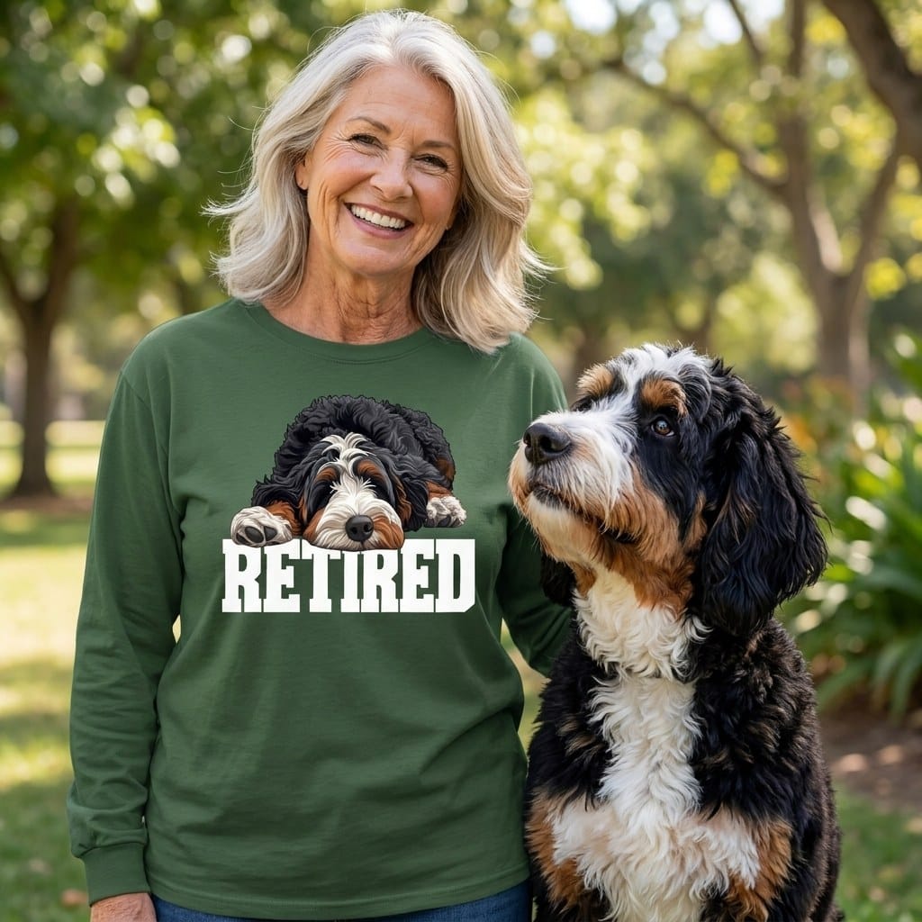 Retired Sleeping Bernedoodle Long Sleeve T-Shirt in by Puppy Jo
