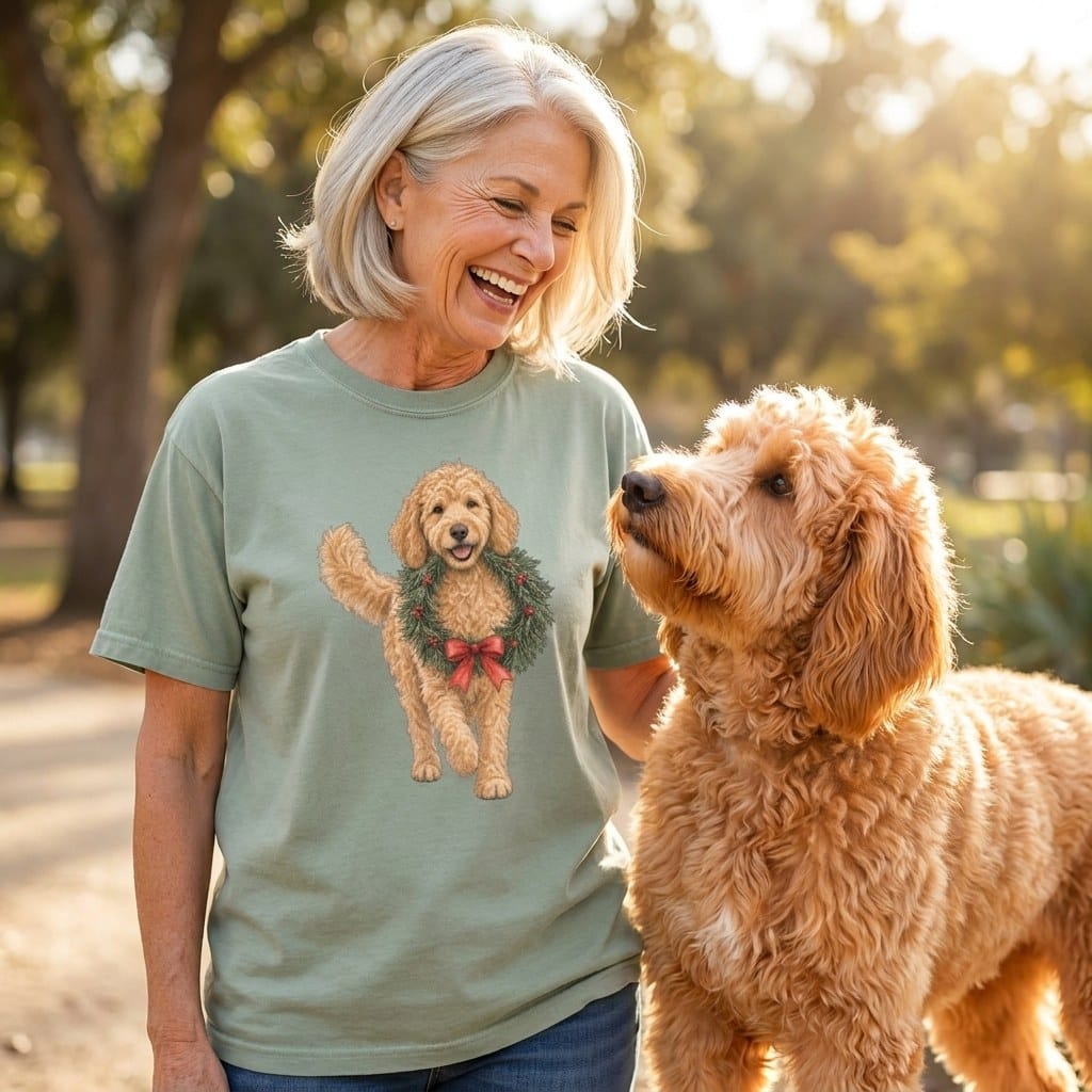 Apricot Goldendoodle Wreath Signature T-Shirt in by Puppy Jo