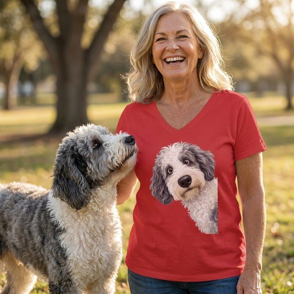 Funny Peeking Sheepadoodle V-Neck T-Shirt in by Puppy Jo