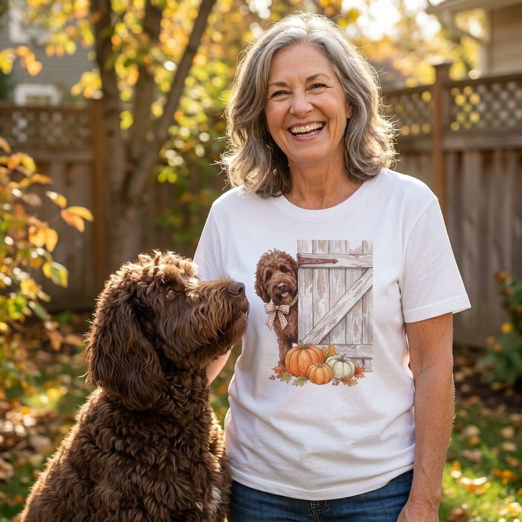 Chocolate Goldendoodle Barn Peeking T-Shirt in by Puppy Jo