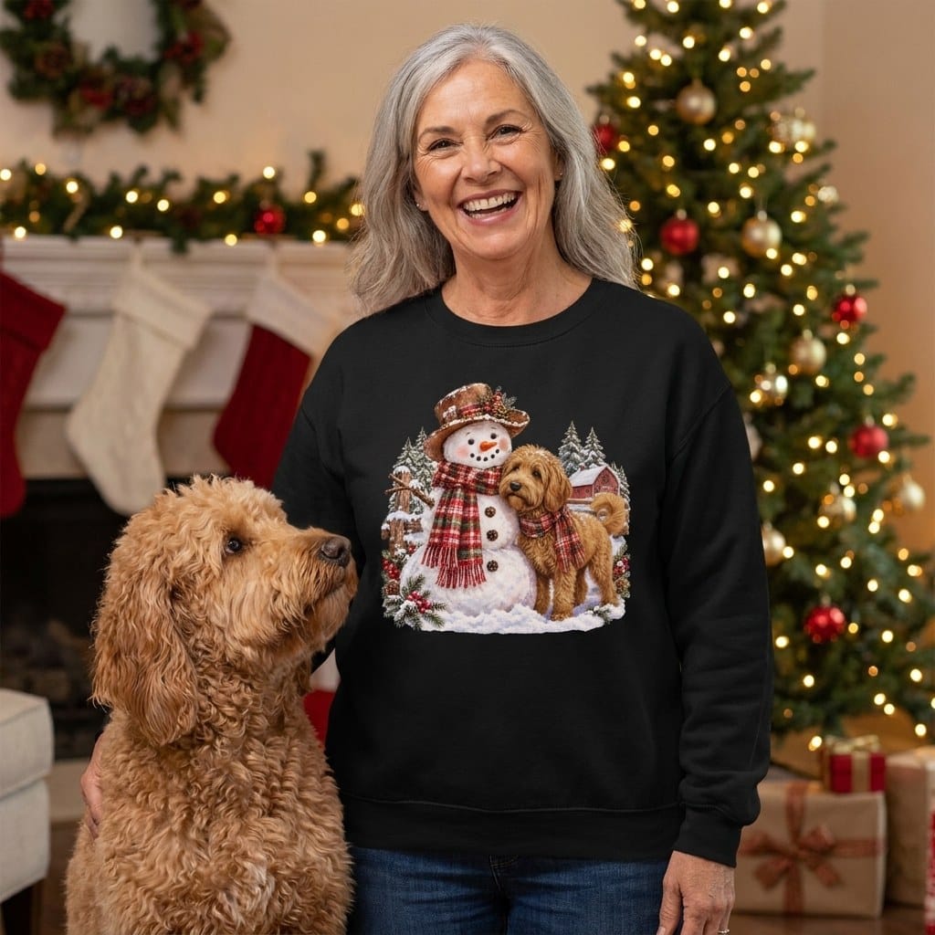 Apricot Goldendoodle Christmas Snowman Sweatshirt in by Puppy Jo