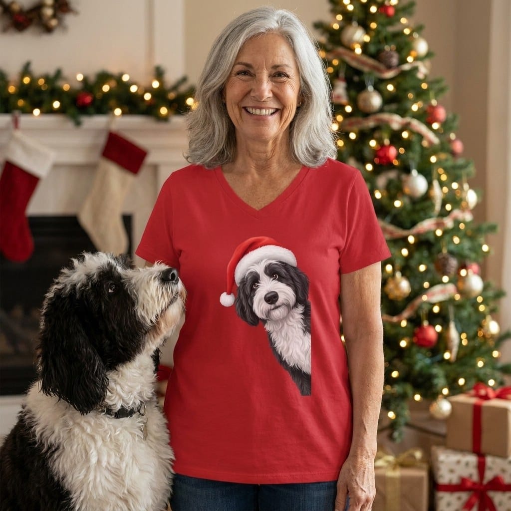 Sheepadoodle Holiday Santa V-Neck T-Shirt in by Puppy Jo
