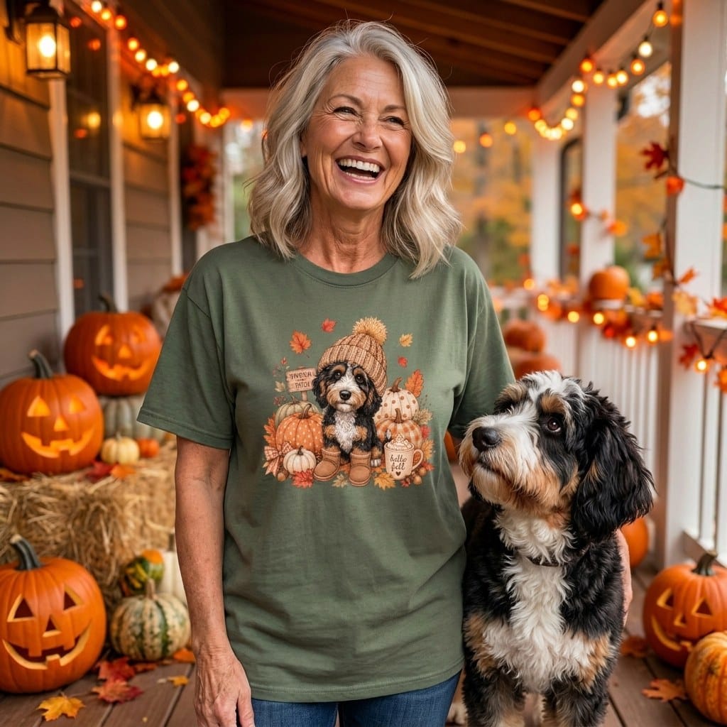 Bernedoodle Pumpkin Patch T-Shirt in by Puppy Jo