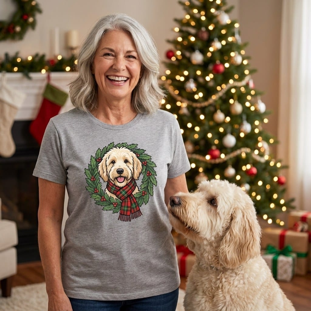 Cream Goldendoodle Holiday Crown T-Shirt in by Puppy Jo