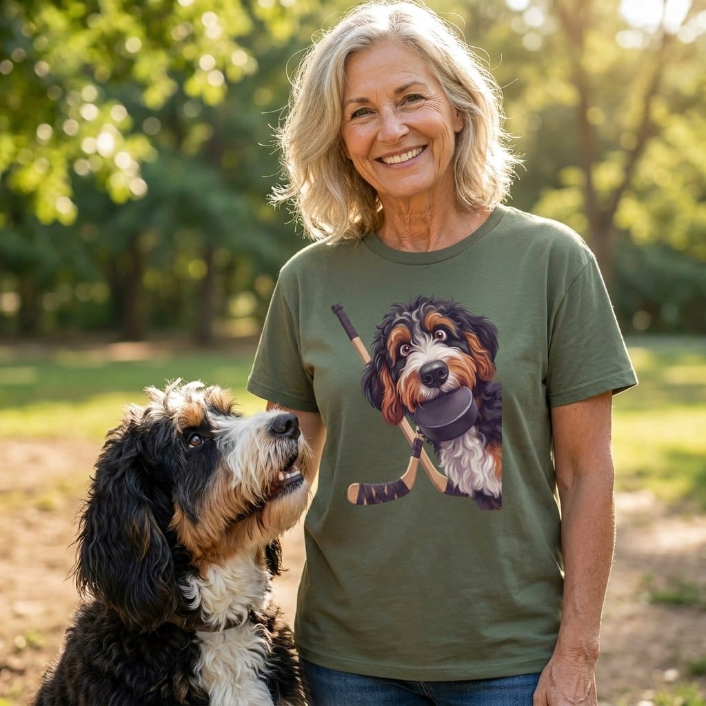 Bernedoodle Hockey T-Shirt in by Puppy Jo