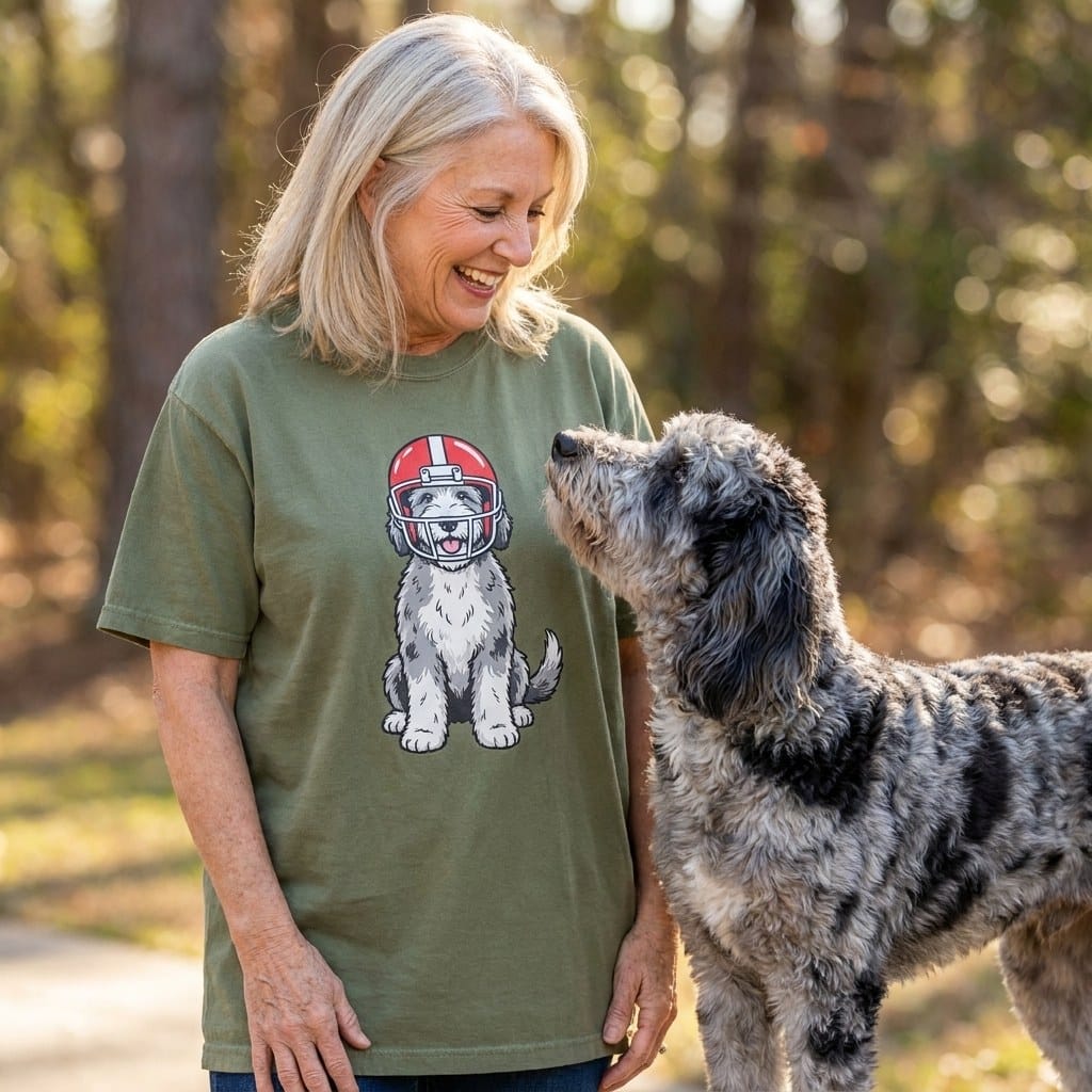 Merle Goldendoodle Football Helmet Signature T-Shirt in by Puppy Jo