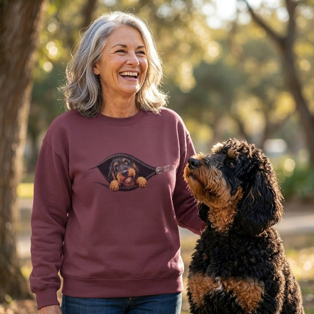 Phantom Goldendoodle Peeking Zipper Sweatshirt in by Puppy Jo