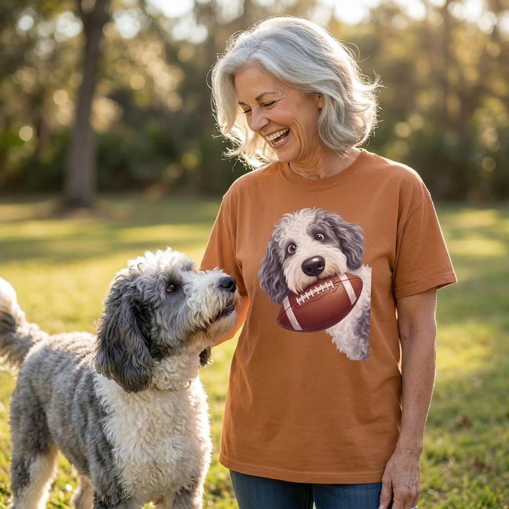 Sheepadoodle Football Signature T-Shirt in by Puppy Jo