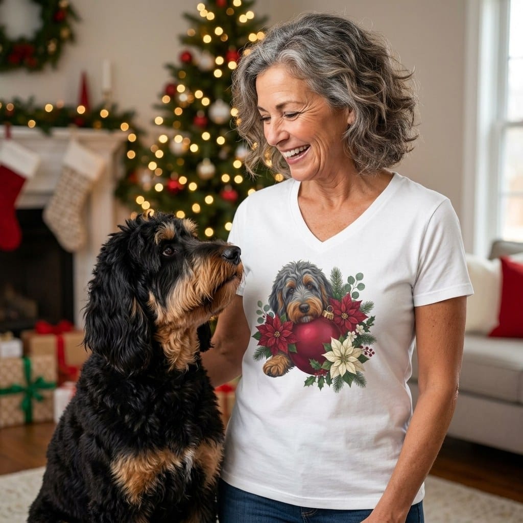 Phantom Goldendoodle Holiday Cheer V-Neck T-Shirt in by Puppy Jo