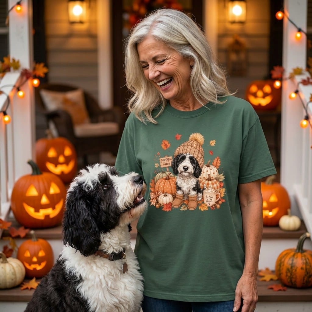 Sheepadoodle Pumpkin Patch Signature T-Shirt in by Puppy Jo