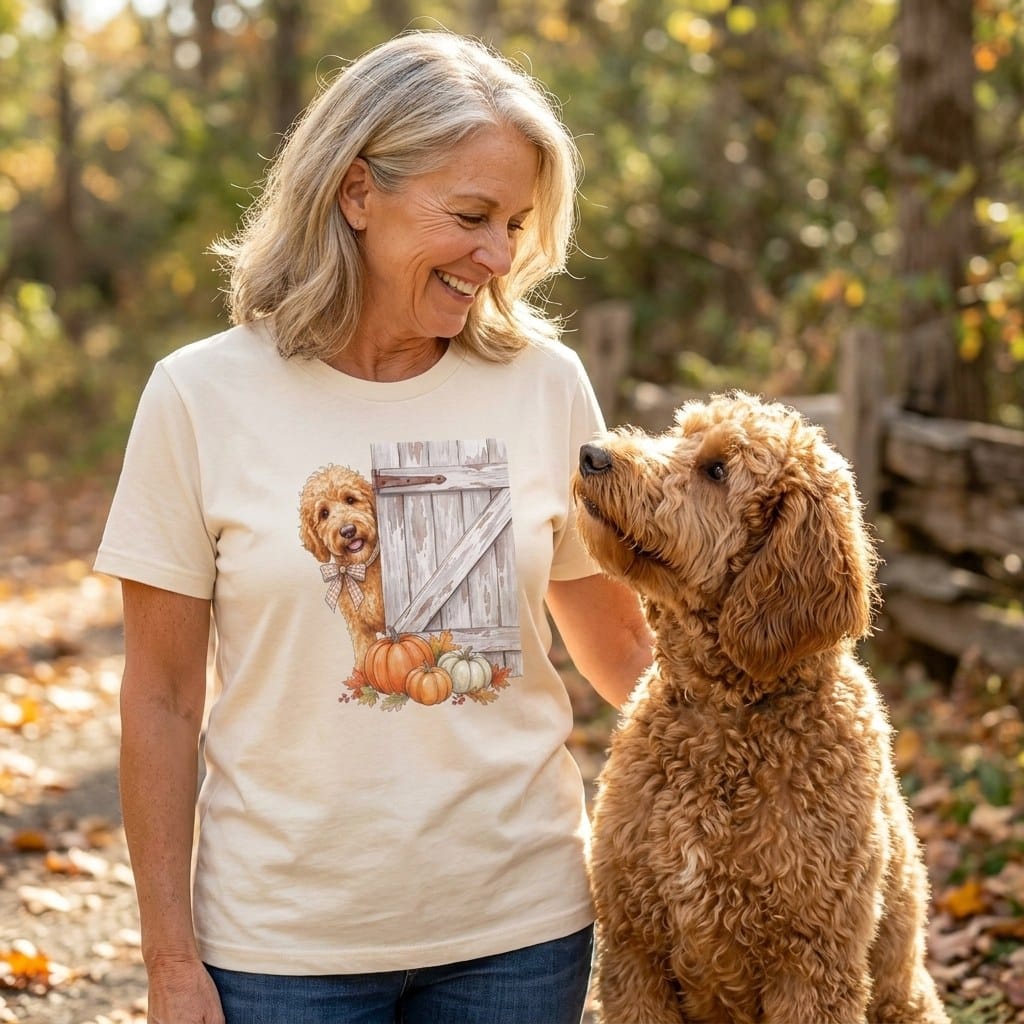 Golden Goldendoodle Barn Peeking T-Shirt in by Puppy Jo