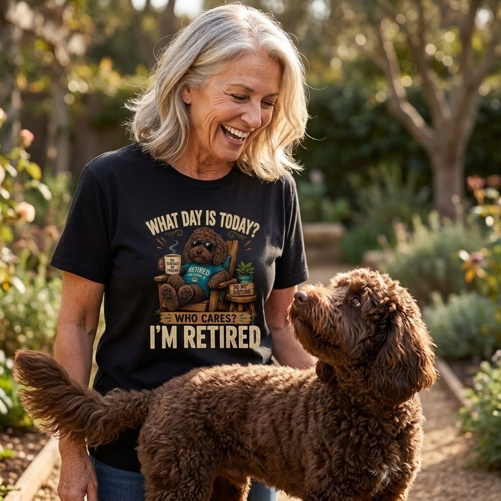 I'm Retired Chocolate Goldendoodle Signature T-Shirt in by Puppy Jo