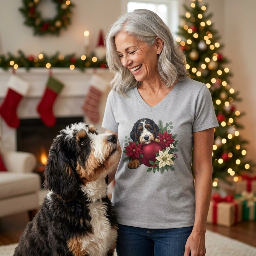 Bernedoodle Holiday Cheer V-Neck T-Shirt in by Puppy Jo