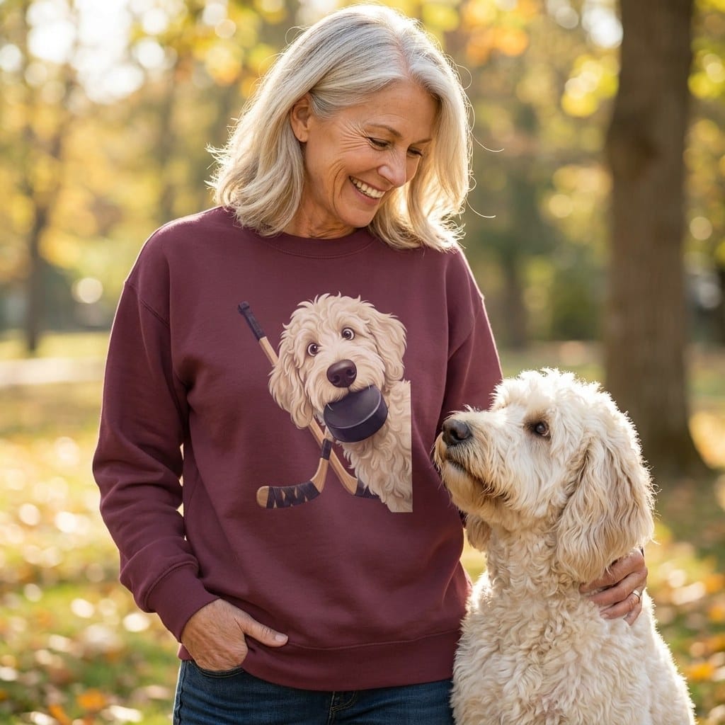 Cream Goldendoodle Hockey Sweatshirt in by Puppy Jo