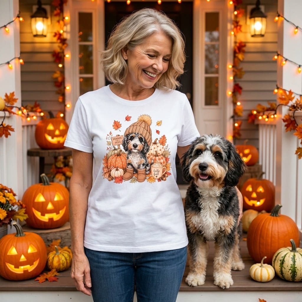 Aussiedoodle Pumpkin Patch Signature T-Shirt in by Puppy Jo