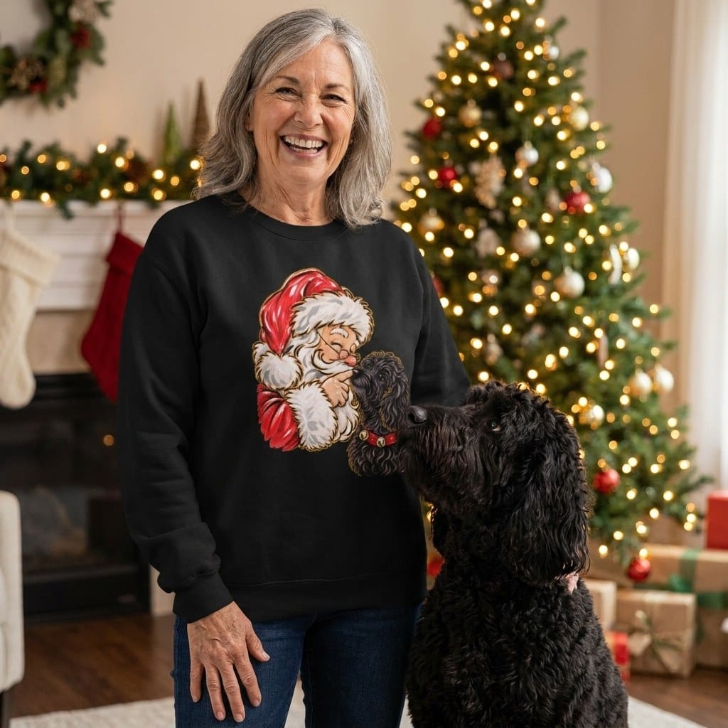 Black Goldendoodle Santa Kiss Sweatshirt in by Puppy Jo