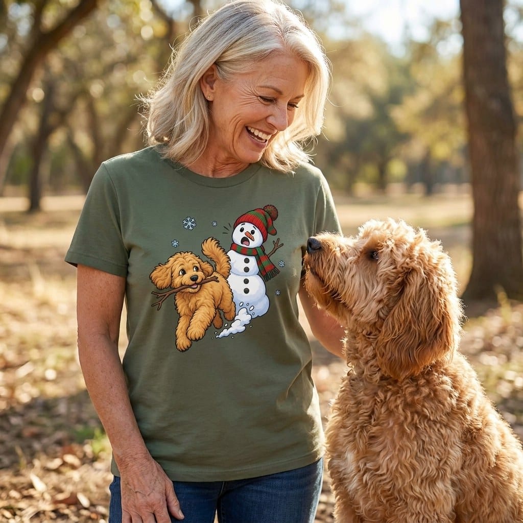 Apricot Goldendoodle Snowman T-Shirt in by Puppy Jo