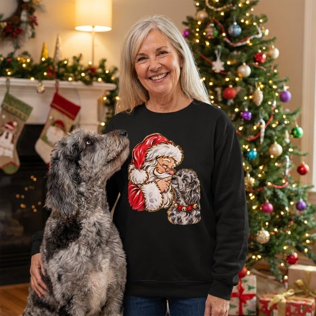 Merle Goldendoodle Santa Kiss Sweatshirt in by Puppy Jo