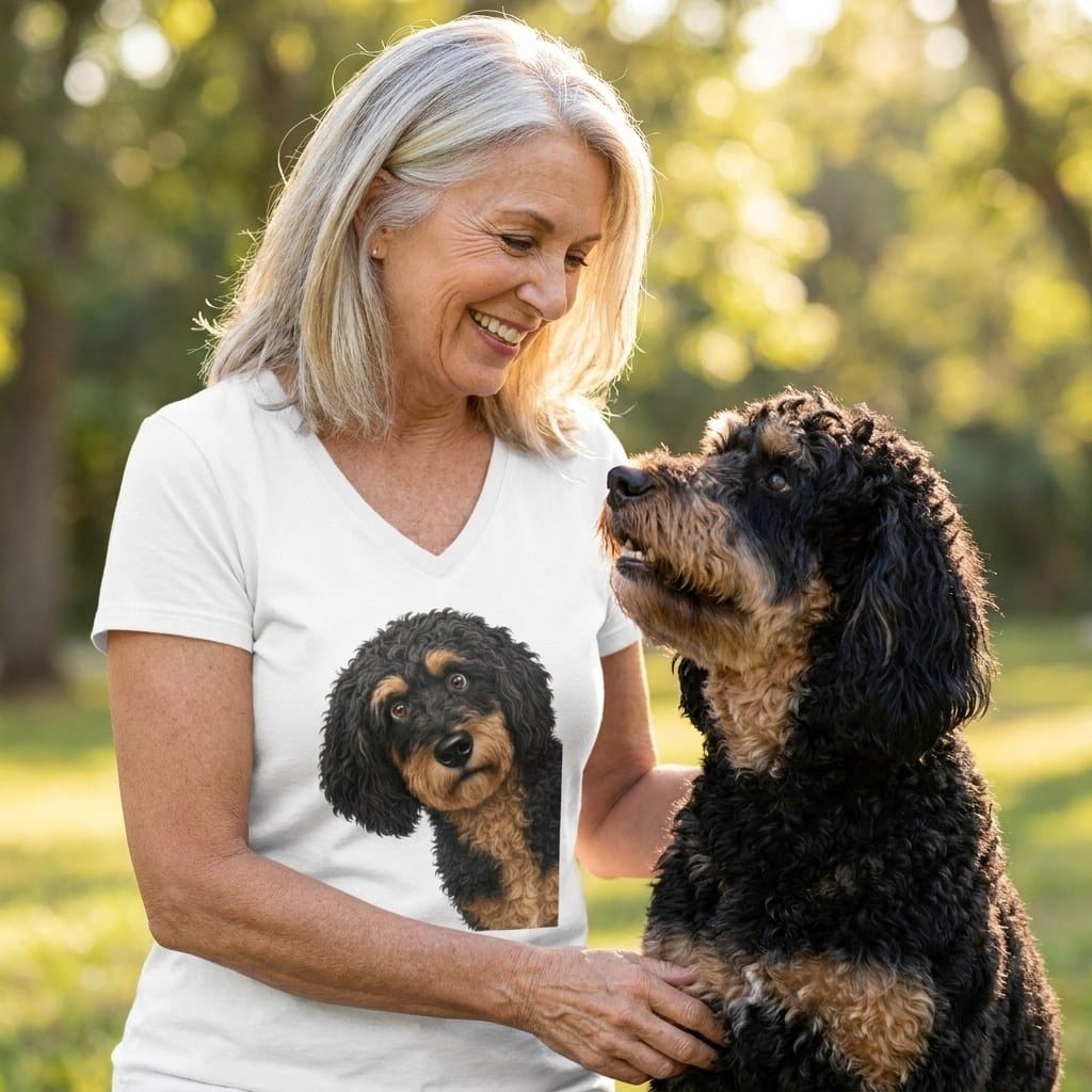 Funny Peeking Phantom Goldendoodle V-Neck T-Shirt in by Puppy Jo