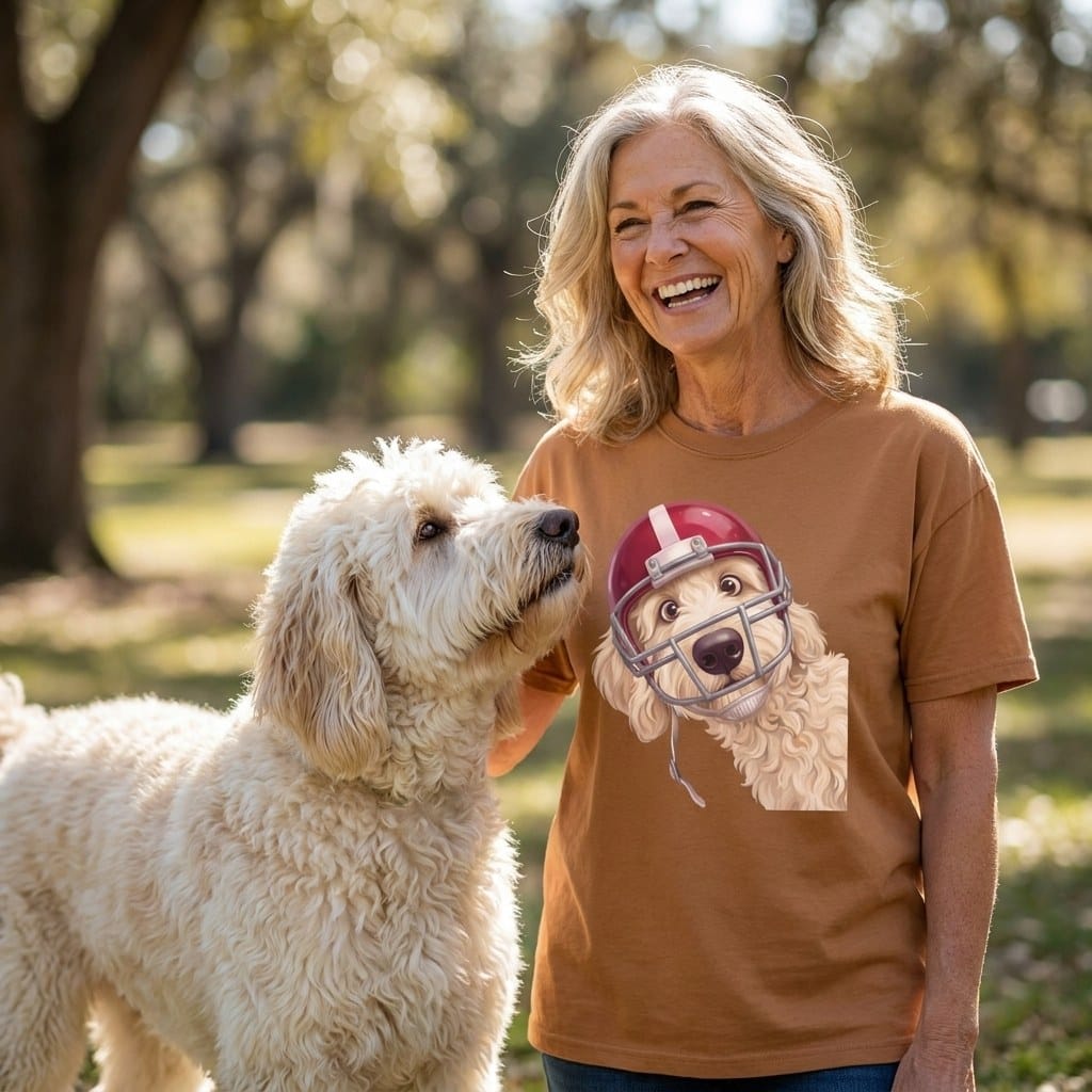 Cream Goldendoodle Football Helmet Signature T-Shirt in by Puppy Jo