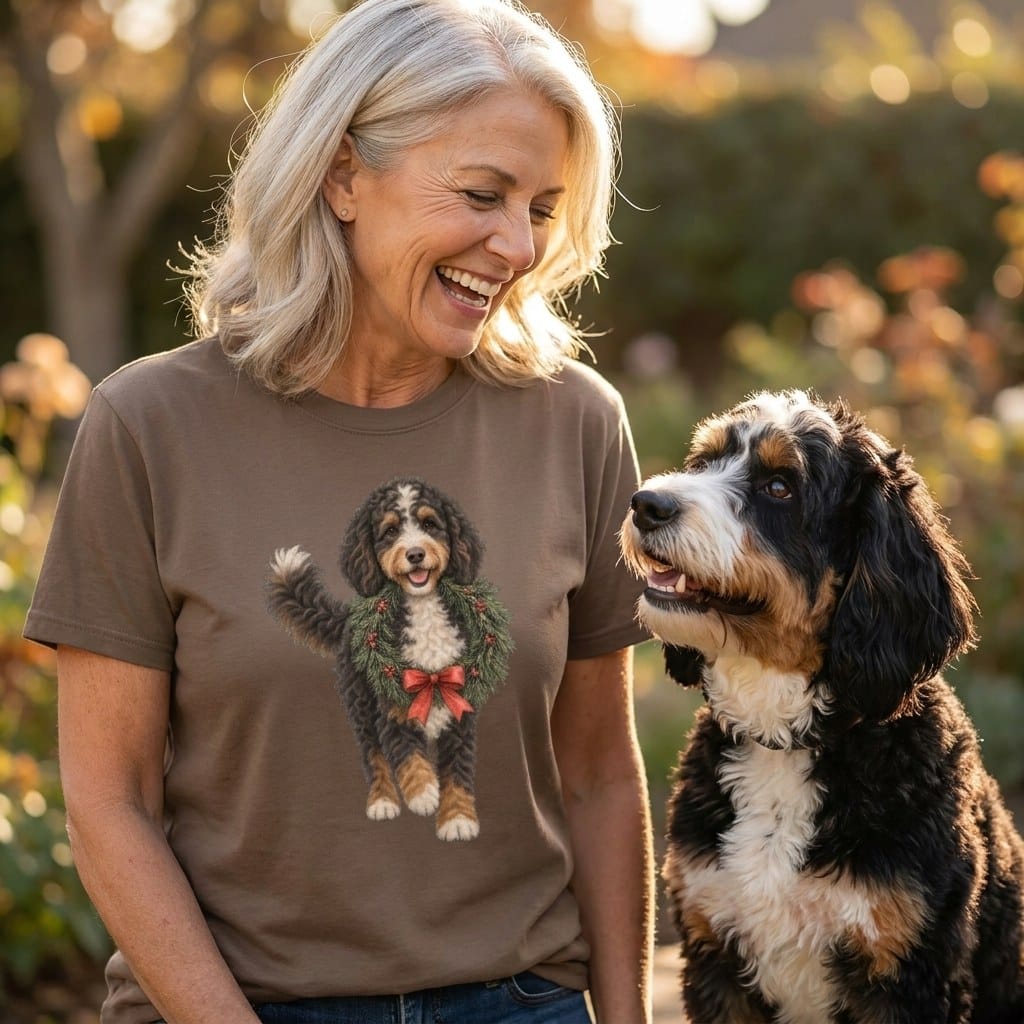 Bernedoodle Wreath Signature T-Shirt in by Puppy Jo