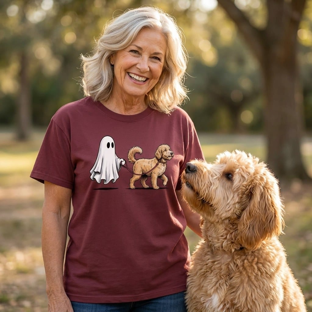Golden Goldendoodle Ghost Walk Signature T-Shirt in by Puppy Jo