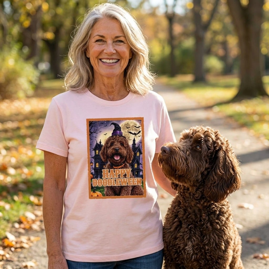 Chocolate Goldendoodle Happy Doodleween T-Shirt in by Puppy Jo