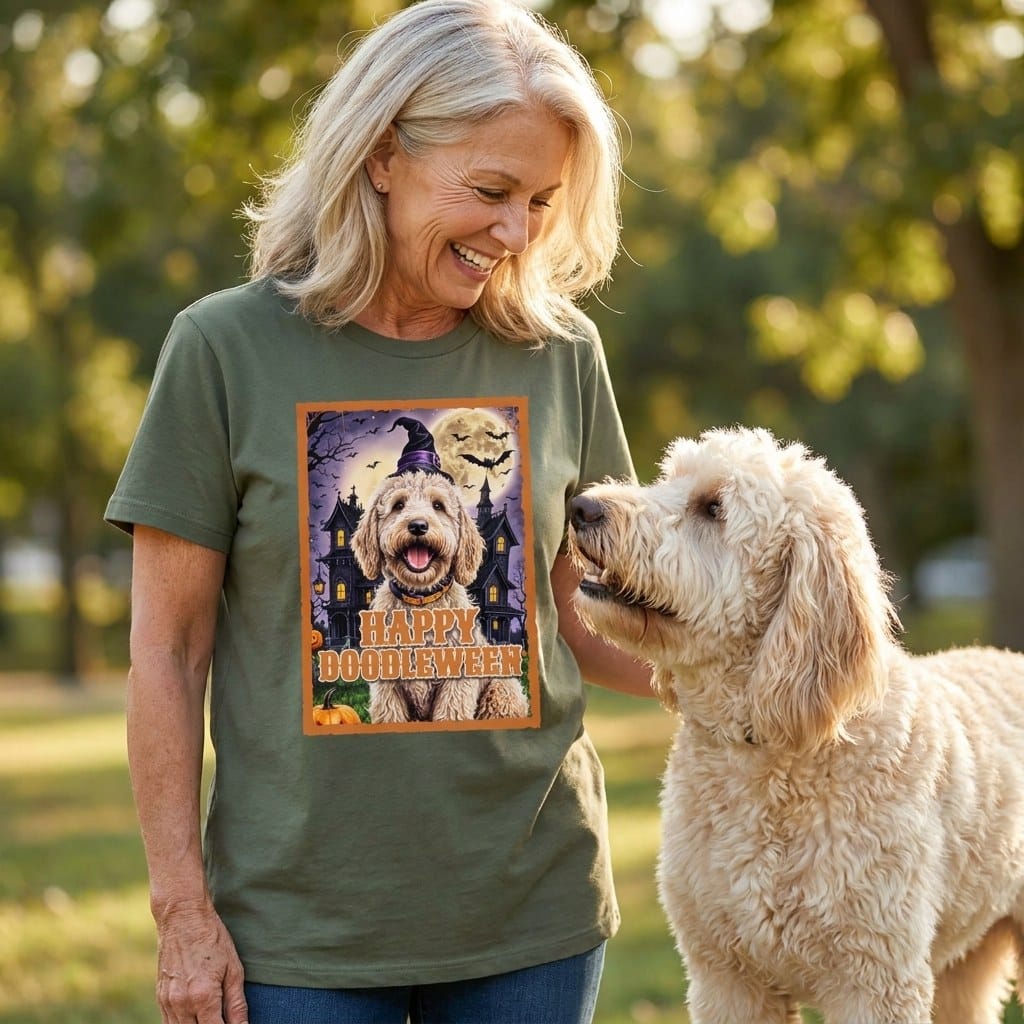 Cream Goldendoodle Happy Doodleween T-Shirt in by Puppy Jo
