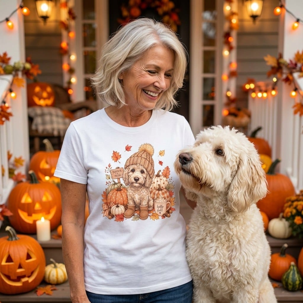 Cream Goldendoodle Pumpkin Patch Signature T-Shirt in by Puppy Jo