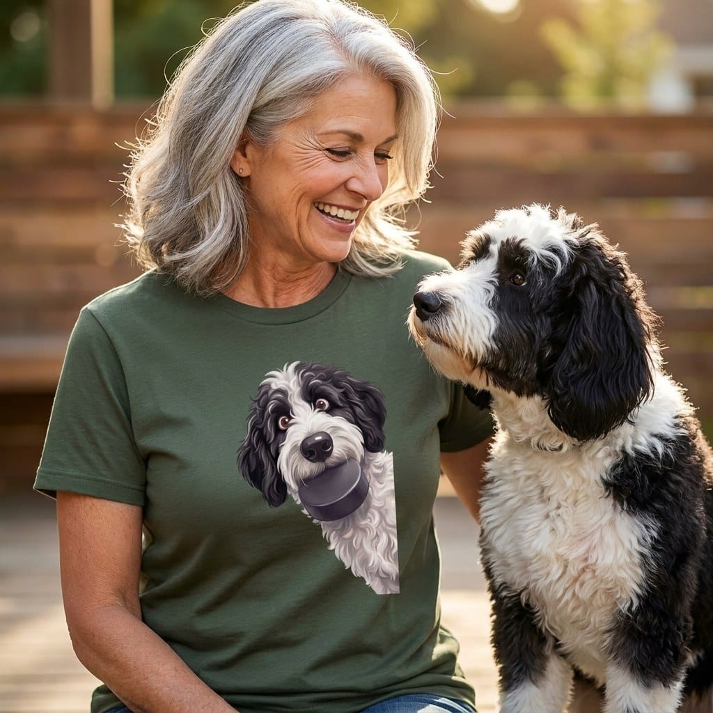 Sheepadoodle Hockey Puck T-Shirt in by Puppy Jo