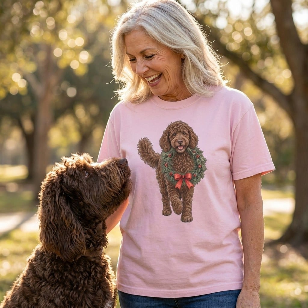 Chocolate Goldendoodle Wreath Signature T-Shirt in by Puppy Jo