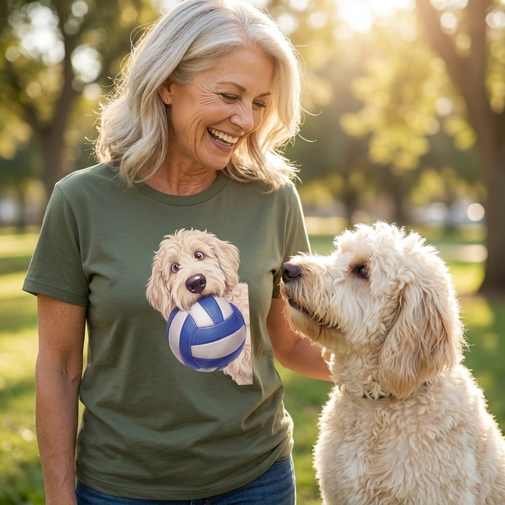 Cream Goldendoodle Volleyball T-Shirt in by Puppy Jo