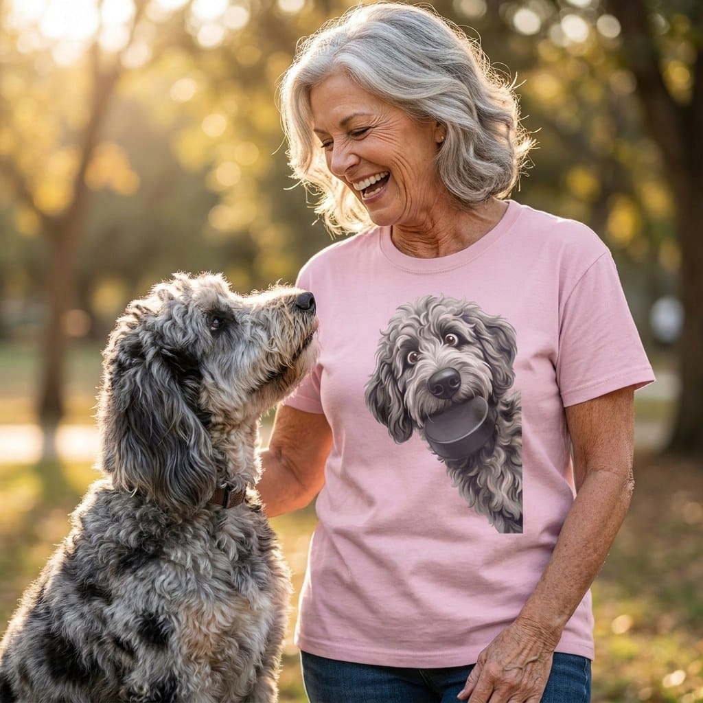 Merle Goldendoodle Hockey Puck Signature T-Shirt in by Puppy Jo