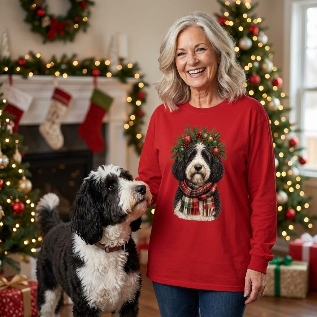 Sheepadoodle Holiday Crown Long Sleeve T-Shirt in by MyDesigns