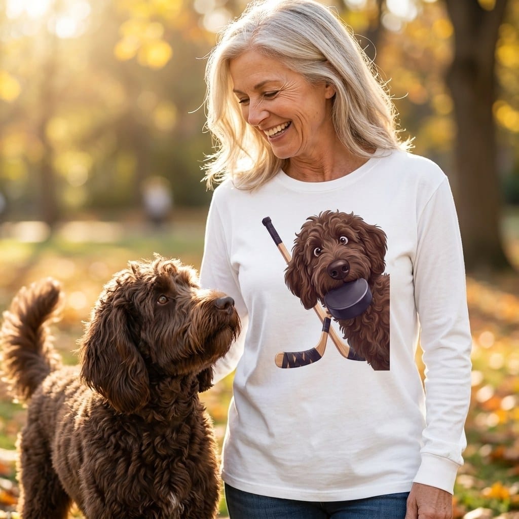 Chocolate Goldendoodle Hockey Long Sleeve T-Shirt in by Puppy Jo