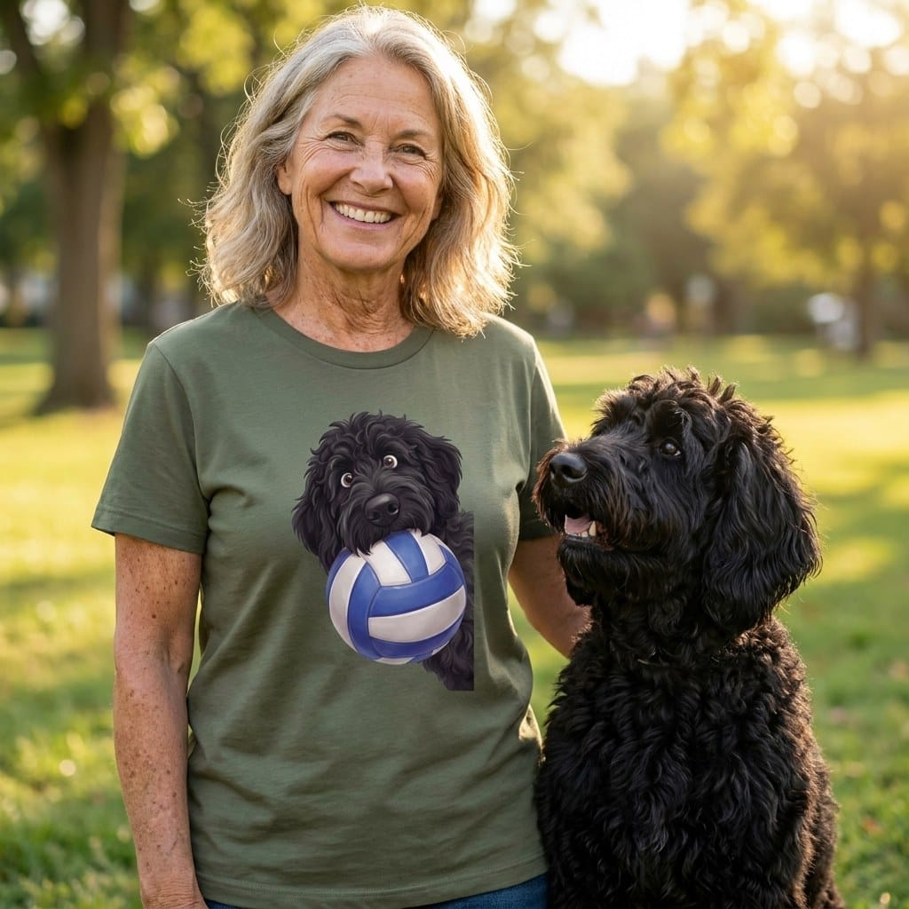 Black Goldendoodle Volleyball T-Shirt in by Puppy Jo
