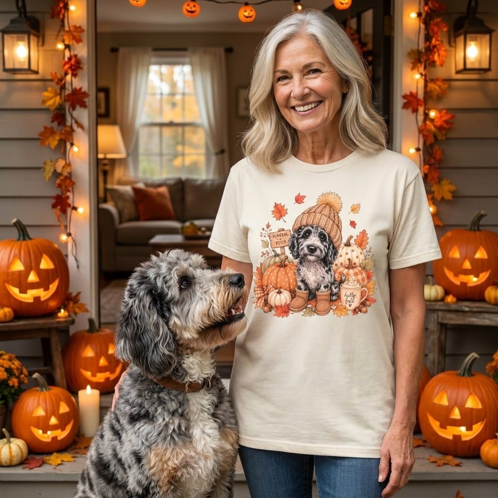 Merle Goldendoodle Pumpkin Patch Signature T-Shirt in by Puppy Jo