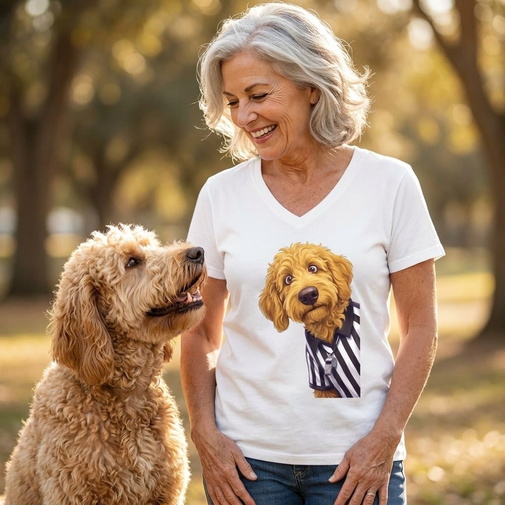 Golden Goldendoodle Football Referee V-Neck T-Shirt in by Puppy Jo