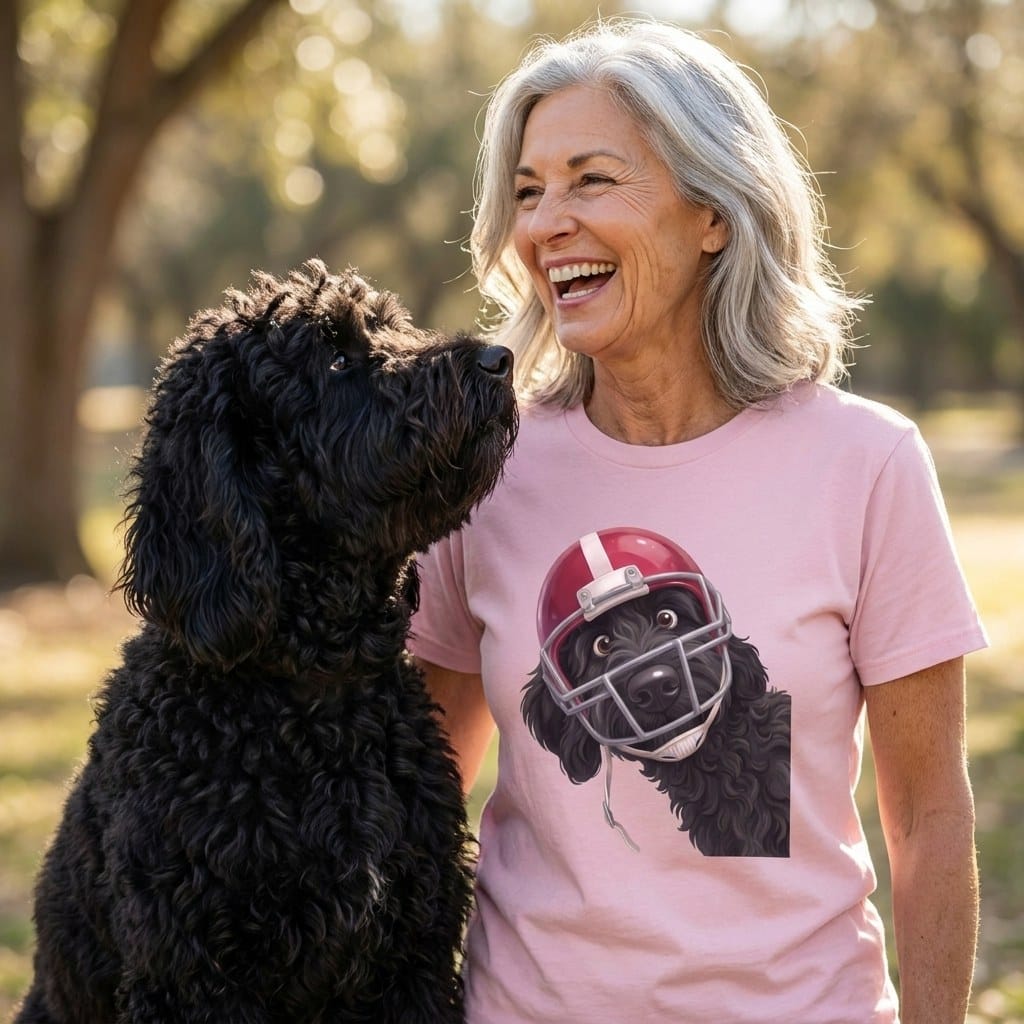 Black Goldendoodle Football Helmet Signature T-Shirt in by Puppy Jo